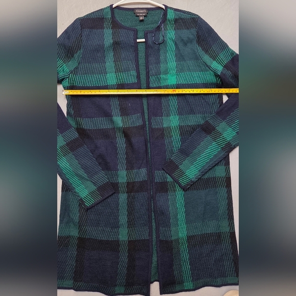 Talbots Women's Checkered 100% Merino Wool Sz XS Cardigan Dark Green and Navy - Picture 8 of 11